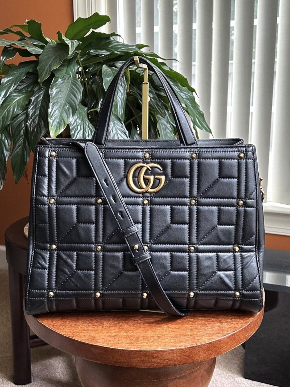 GUCCI GG Marmont Calfskin Matelasse Studded Two-Way Bag, Black RARE